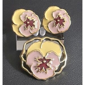 Vintage Enamel Pansy Brooch Earrings Set Clip Ons Flower Floral Spring
